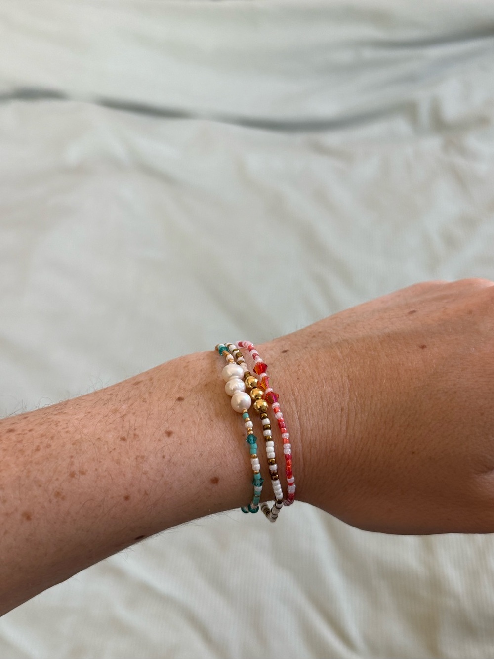 Delicate Seed Bracelet - Red, Turquoise, or Gold with pearl or crystal accents